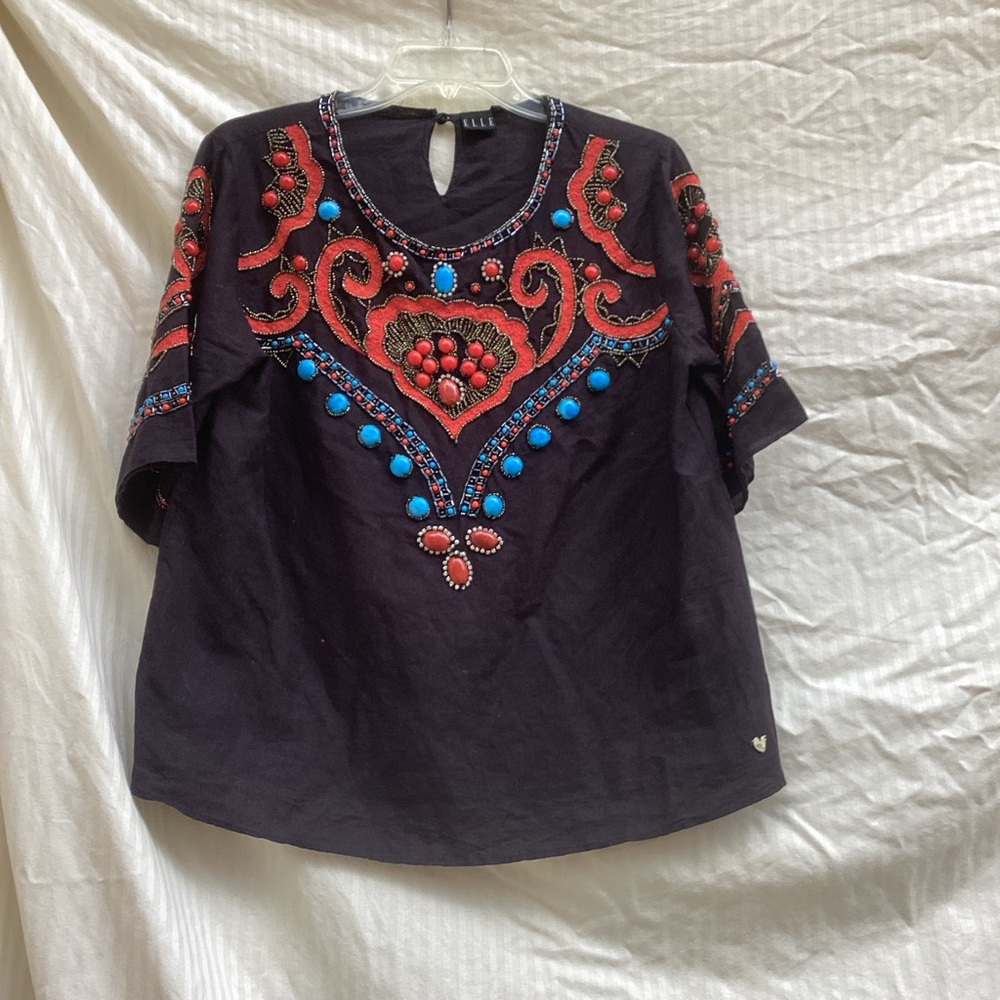 Elle Black Top with Red and black beaded formal top, size 10